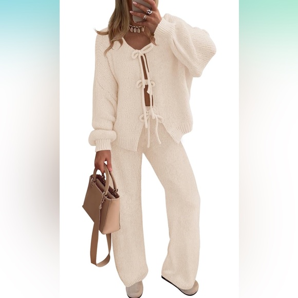 ZESICA Women's 2 Piece Lounge Pajama Set 2025 Fall  Puff Sleeve Tie Front Bow - Picture 1 of 5
